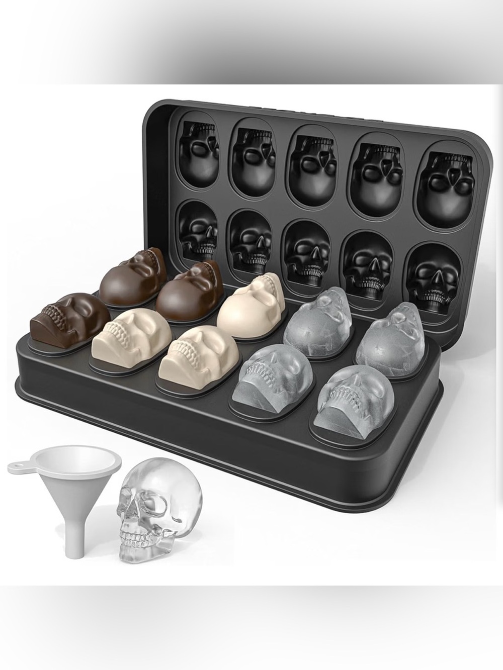 Skull Ice Cube Mold Tray, 1-Pack 3D Skull Silicone Mold with Funnel